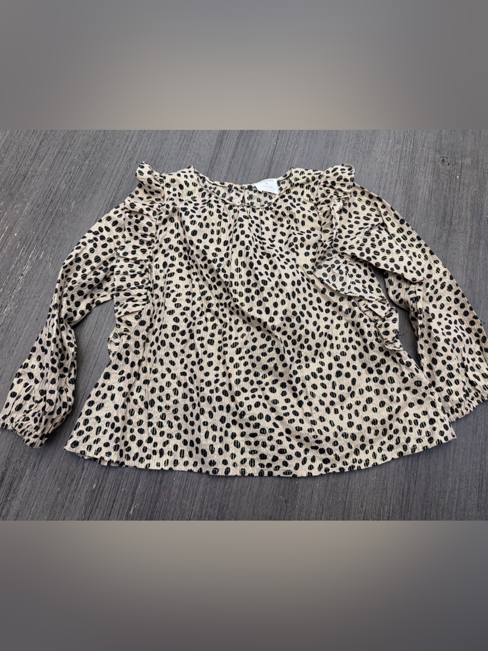 Girls Crewcuts Beige Blouse with Black Dot Print and Ruffle Trim